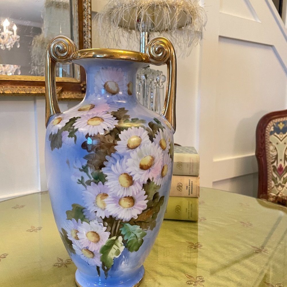 Gorgeous Vintage Noritake Blue Vase with Daisies M Mark 11.25x6.25